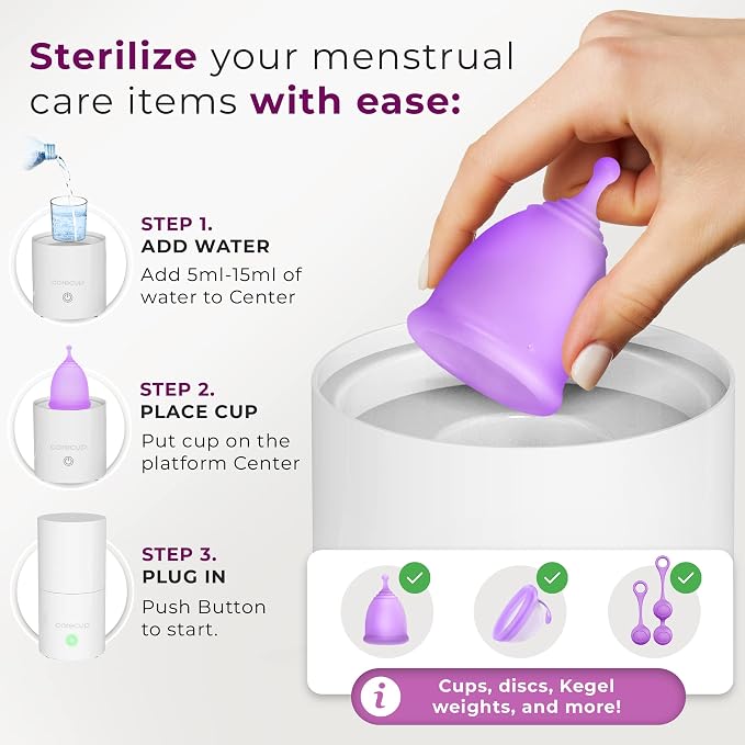 Menstrual Cup Sterilizer - Modern Menstrual Cup Cleaner Unscented Sanitizer - 2-Minute Automatic Steam Wash - Holder Fits Small Soft & Large Period Disc - Steamer Wipes Out 99.9% of Germs