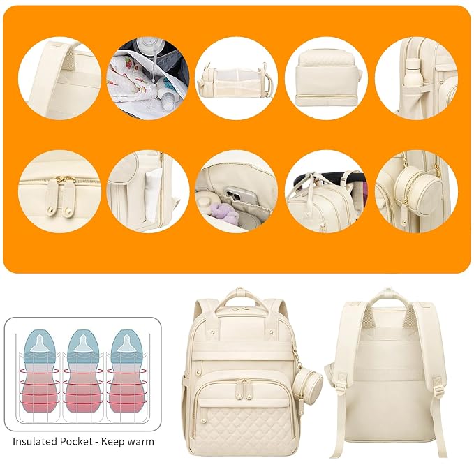 Astro alan Baby Diaper Bag with Changing Station, Waterproof Diaper Bag Backpack for Moms Dads with USB Charging Port, Baby Shower Gifts, Large Capacity diaper backpack, Beige