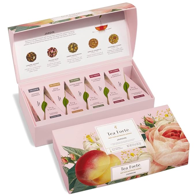 Tea Forte Premium Petite Presentation Box Gift Set Sampler, 10 Count, 2 of Each Blend Individually Wrapped Handcrafted Pyramid Infuser Bags, Jardin