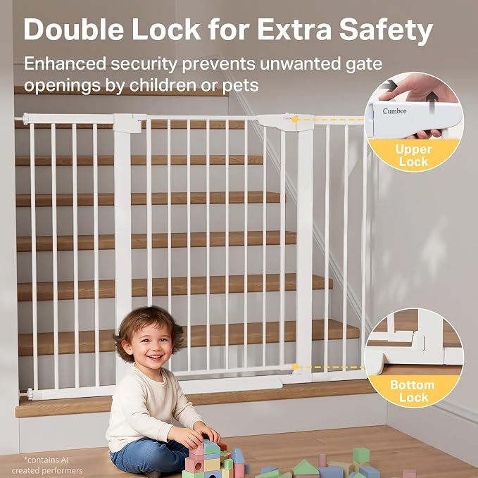Cumbor 36" Extra Tall 29.7-51.5" Baby Gate for Stairs, Easy Walk Through Dog Gates for Doorways Extra Wide, Pressure Mounted Tall Pet Gate Indoor, Safety Auto-Close Child Gate for Kids, White