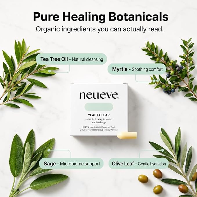 NeuEve Yeast Clear, for Yeast Infection Symptoms, Relieves Burning, Itching & Discharge, with Tea Tree Oil, Myrtle, Sage & Olive Leaf, Invented by OBGYN
