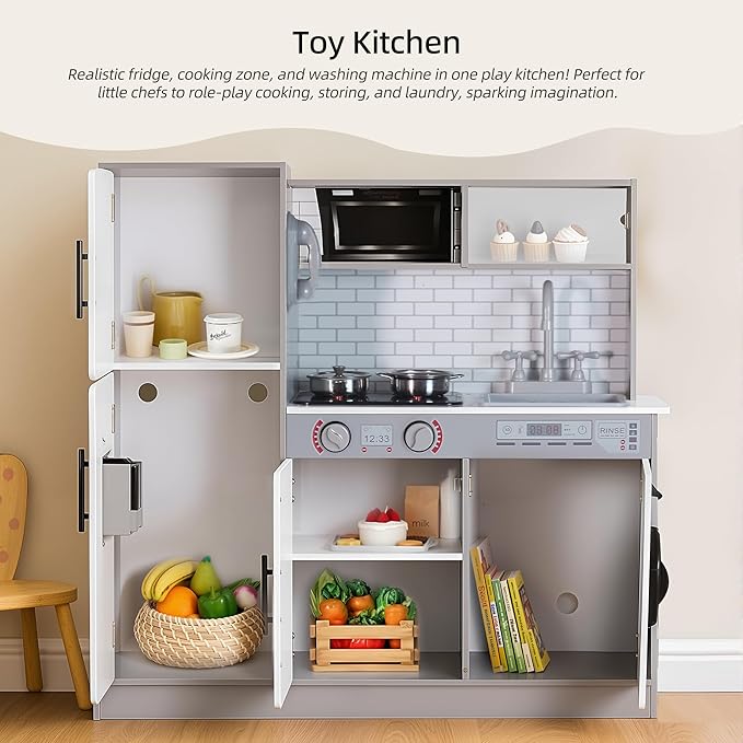 Kitchen Playset, Wooden Toy Kitchen Set with Light, Montessori Pretend Play Toys, Kids Cooking Playset for Girls & Boys Ages 3+