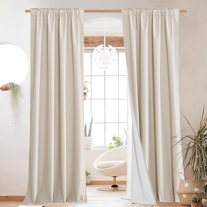 NICETOWN 100% Blackout Linen Curtains for Living Room with Thermal Insulated White Liner, W52 x L84, 2 Panels, Rod Pocket & Back Tab Retro Vertical Drapes Privacy for Bedroom, Champagne