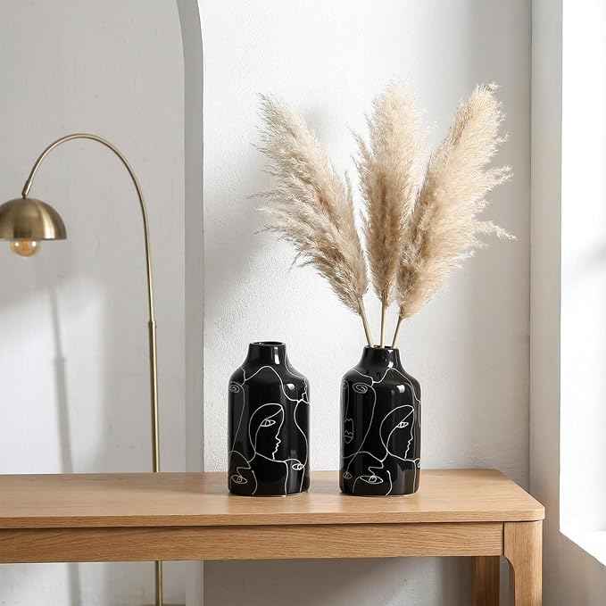 Kimdio Ceramic Vase Set, 2pcs Black Abstract Irregular Design Flower Vases, Modern Home Decor Living Room Decor Minimalist Decorative Vase for Pampas Grass