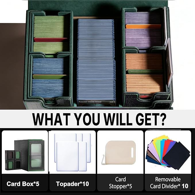 Premium Trading Card Storage Case TCG Deck Box Holds 800+ Sleeved Cards for MTG, YuGiOh, Uno, Sport with Strong Magnet Closure (4IN1BlackGreen)