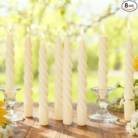 8PCS 7-Inch Pure Beeswax Spiral Taper Candles, Twisted Stick Candles, Dripless & Unscented for Weddings, Christmas, Dinner, Meditation - White