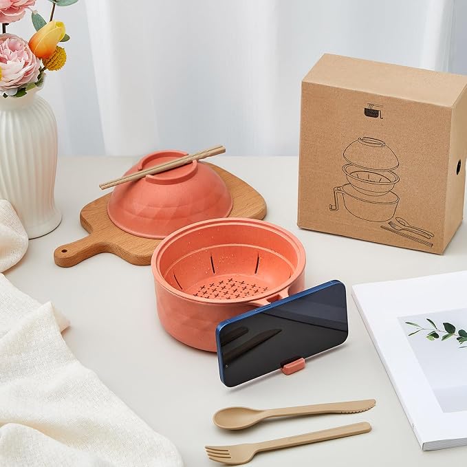 1 Set Microwave Ramen Cooker 40oz Wheat Straw Microwave Noodle Bowl Set with Chopsticks, Spoon, Fork, College Dorm Office Apartment Essentials (Orange)