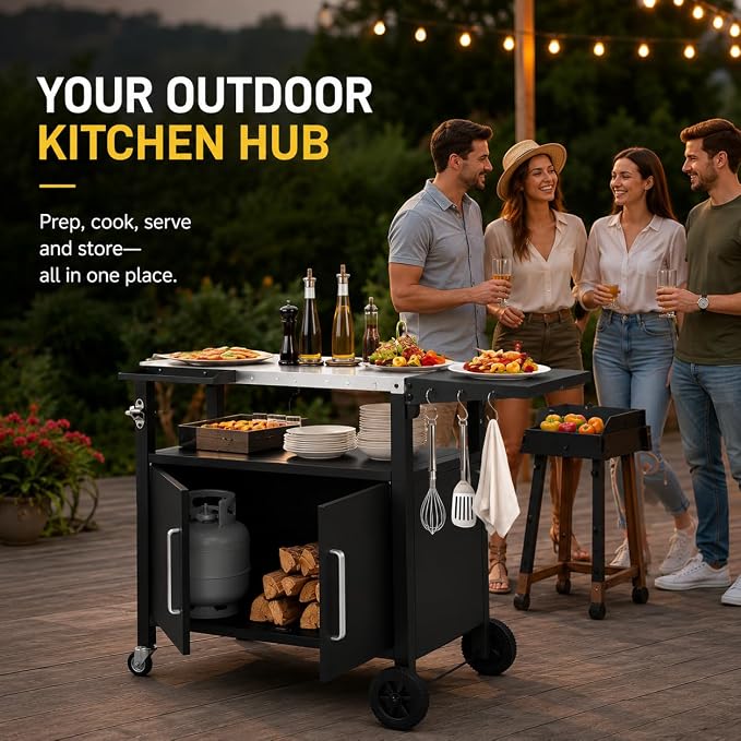 Outdoor Grill Cart with Storage, Rolling Outdoor Bar Cart and Foldable Korean BBQ Table, Movable Outdoor Kitchen Island and BBQ Cart for Patio Dining and Food Prep, with Wheels and Hooks