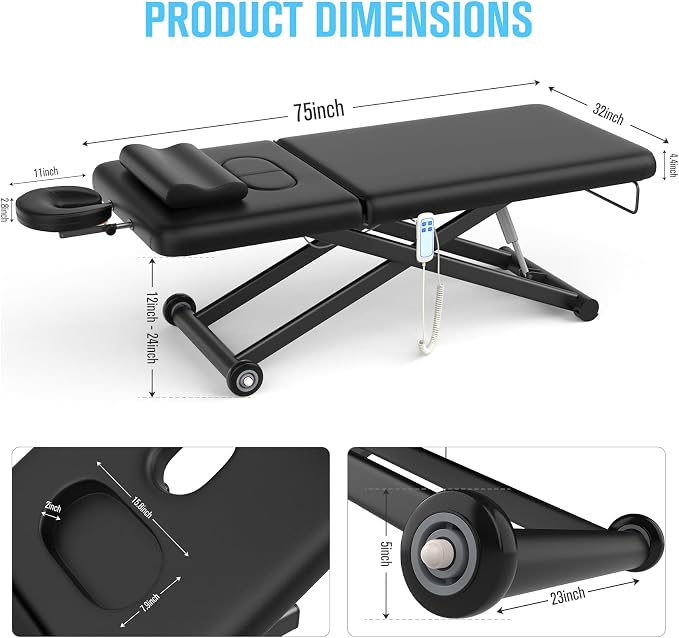 Electric Massage Bed with Adjustable Height and Backrest, Electric Massage Table for Treatment, Physical Therapy and Spa Facial Bed, 2 Motor, Hydraulic Equipment, Remote Control, 32 W x 75 L, Black