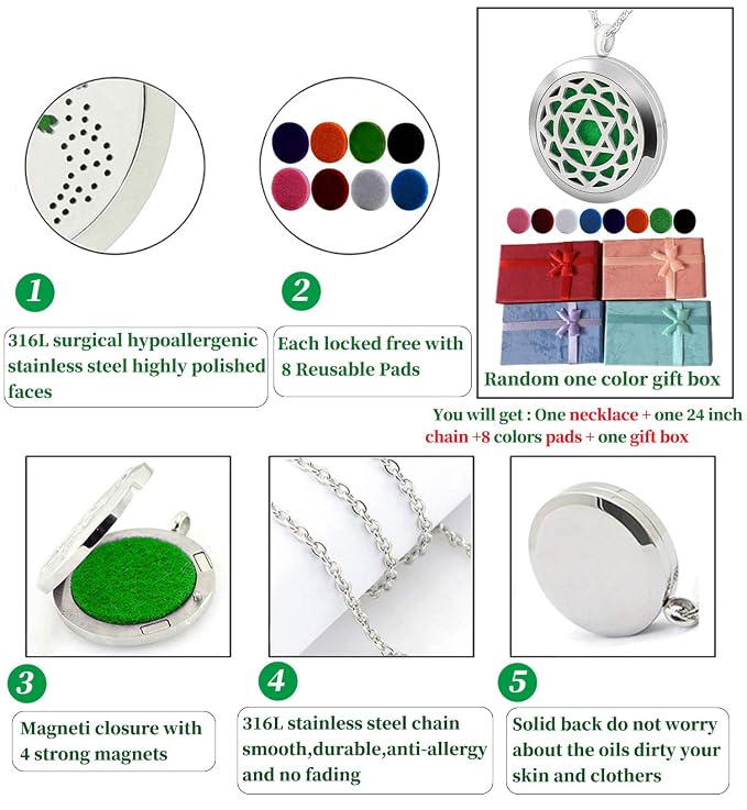 Aromatherapy Essential Oil Diffuser Necklace -Perfume Stainless Steel Pentagram Locket Pendant Jewelry for Women Men Birthday