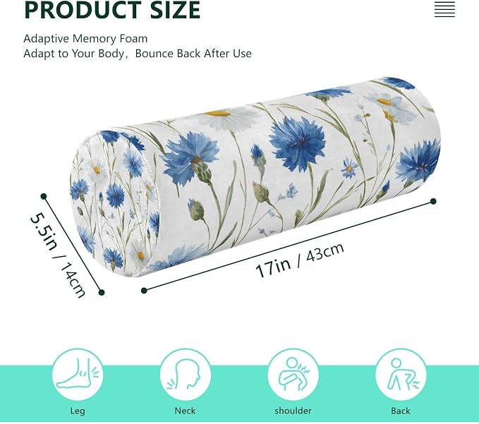 Neck Roll Pillow Bolster Pillows Round Health Memory Foam Long Cervical Cylinder Bolster Body with Removable Washable Cover for Bed Legs Back Yoga Blue Daisy Cornflowers White