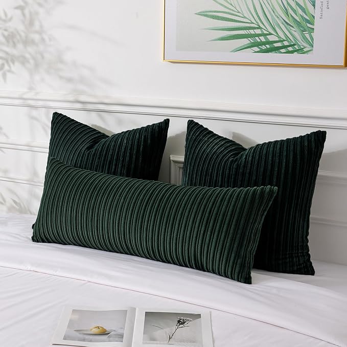 UGASA 14x36 Inch Christmas Pillow Cover Pack of 1 Soft Boho Stripe Corduroy Large Long Rectangle Lumbar Cushion Case Decorative Pilowcase for Bed, Couch, Sofa, Bedroom, Living Room, Dark Green