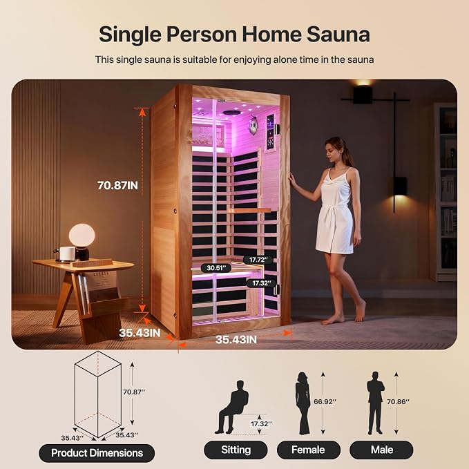 OUTEXER Sauna One Person Far Infrared Saunas Room African Mahogany Wood 1350W Dry Saunas Spa with 7 Starry Sky Light Wood Wax Oil on Outer Surface 35.4 * 35.4 * 70.9inch