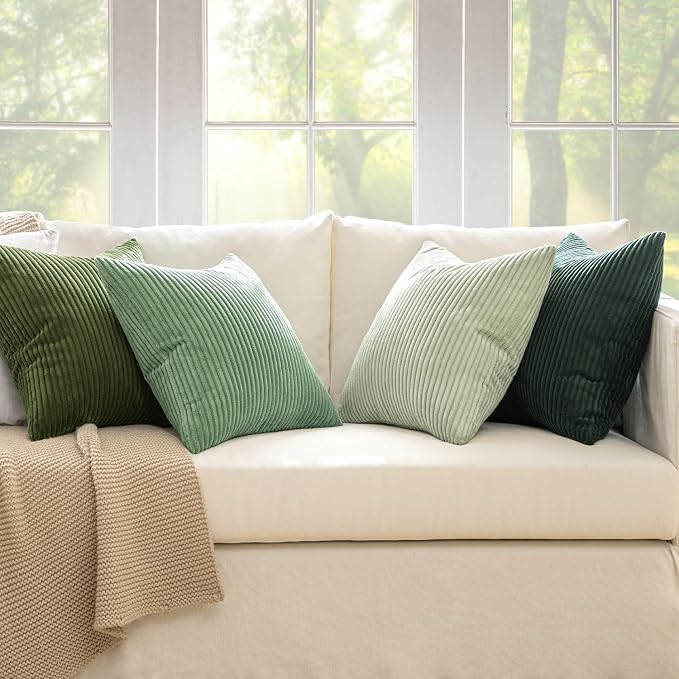 MIULEE Soft Corduroy Decorative Throw Pillow Covers Forest Green 16x16 | Set of 4, Mordern Nordic Home Decor, Gradient Color Matching, Boho Farmhouse Cushion Covers for Couch Bed Sofa Living Room