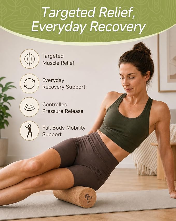 Rocalt Cork Roller 12 Inch, Firm Natural Massage Roller for Feet & Calves | Natural cork, no foam core, firm 4-inch support for targeted rolling at home, gym, yoga, Pilates, and travel