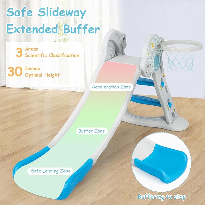 INFANS Toddler Slide, 3 in 1 Foldable Kids Slide Indoor Slideway with Basketball Hoop, Outdoor Climber Freestanding Playset, Extra Long Slipping Slope Sturdy Plastic Playground Toy