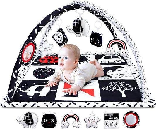 Poycuna Black and White Baby Gym Play Mat with 6 Toys Tummy Time Activity Mat for Babies 0-6 6-12 Months High Contrast Baby Gyms & Playmats Sensory Toys Newborn Brain Development Infant Play Mat