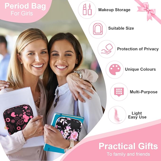 Period Bag for Girls Polyester Period Pouch Pad Bag First Period Kit for Teen Pads/Sanitary Napkins/Small Tampons, Feminine Hygiene Organizer for Women (Navy Blue Daisy)