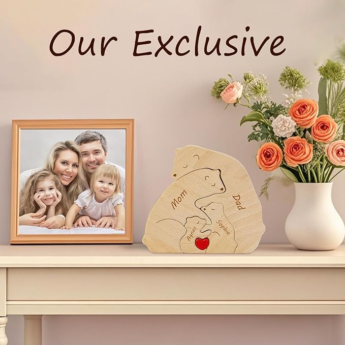 Personalized Wooden Bear Puzzle - Customizable with 2-8 Names, Home Decor Housewarming Gift Unique Wooden Animal Decoration