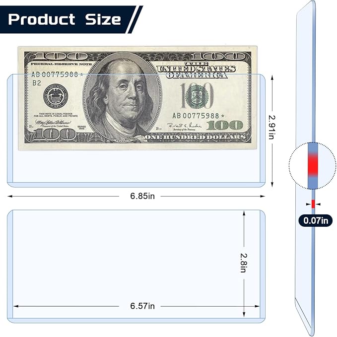 15 Pack Hard Plastic Clear Money Holders Dollar Bill Holders Money Top-Load Sleeves 6.85 × 2.91 Inches Currency Holder for Bills, Collectors