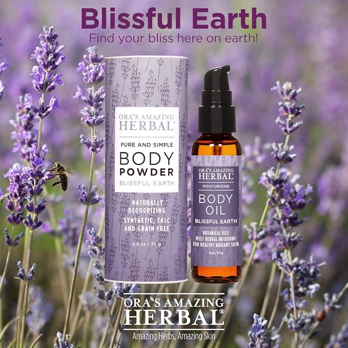 Ora's Amazing Herbal Talc Free Powder and Body Oil, Lavender Bath Set, After Shower Set, Blissful Earth Scent With Lavender Vetiver and Clary Sage, Intertrigo, Natural Skin Care