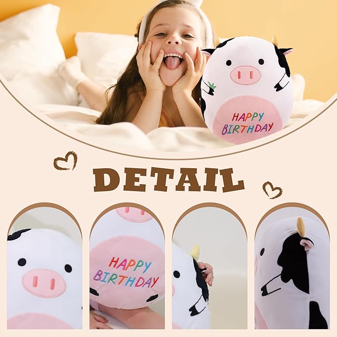 14.5" Birthday Cow Plush Pillow Black Cow Stuffed Animal Cute Soft Body Pillow Hugging Doll Toy Home Happy Birthday Decoration Gifts for Kids Girls and Boys