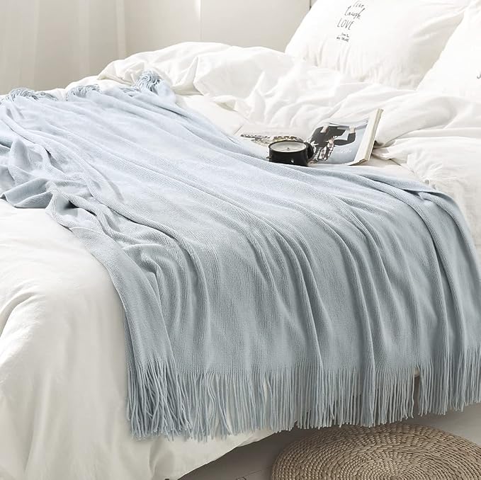Homiest Pale Blue Knitted Throw Blanket with Fringe, 50x60 Inch | Pure Acrylic, Lightweight & Breathable, All-Season Use, Machine Washable, Wrinkle & Fade Resistant, for Couch Sofa And Bed