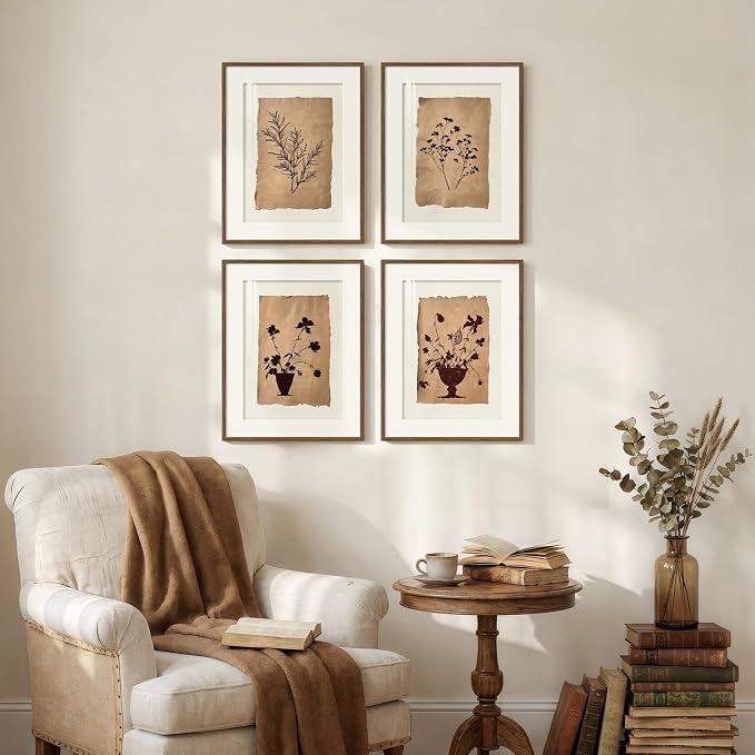 Framed Vintage Botanical Wall Art for Bathroom, Retro Brown Floral Prints Paintings, Neutral Rustic Minimalist Flowers Pictures for Bedroom Dining Room Kitchen Wall Decor, 11x14 Inch-4 Piece