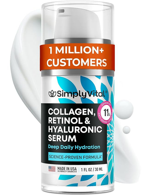 SimplyVital Collagen, Retinol & Hyaluronic Acid Serum - Anti-Aging Moisturizer for Face, Neck & Décolleté - Made in USA, Deep Moisturizing Skin Care Complex - Hydrating Facial Serum for Women, 1 fl.oz