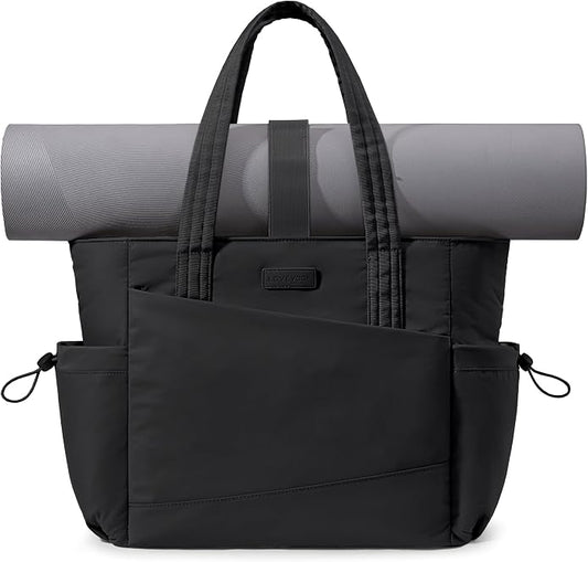 LOVEVOOK Gym Tote Bag for Women, Puffy Yoga Mat Bag with Large Cup Holder & Wet Pocket, Work Nurse Bag for Travel Workout