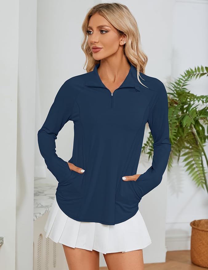 LOMON Women Long Sleeve Shirts Sun Protection 1/4 Zip Summer Quick Dry Hiking Shirts Quarter Zip Pullover for Women