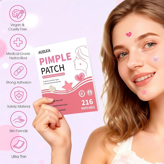 AUSLKA Star-Heart Pimple Patches for Face, Cute Zit Patches for Trip, Holiday, Dates Makeup, Mixed Shapes Zit Stickers with Salicylic Acid 216 Pcs