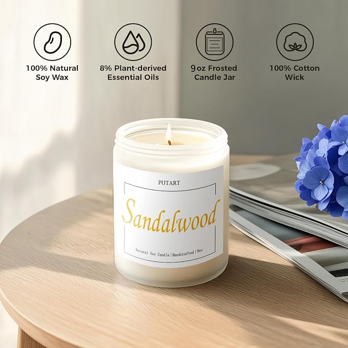 Sandalwood Scented Candles for Home, Natural Soy Wax Aromatherapy Santal Candle Gifts for Women & Men, Handmade Highly Scented & Long Lasting Non Toxic Jar Candle for Stress Relief (9oz