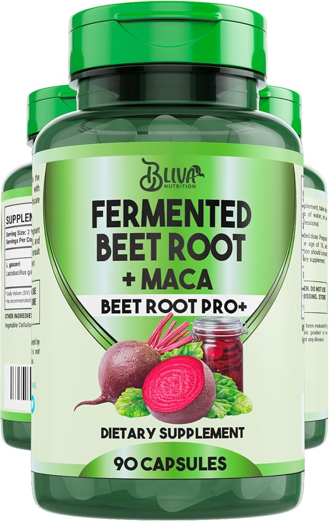 BLIVA Organic Fermented Beet Root with Maca Capsules - 1200mg - Beetroot Hight Potency Extract Powder Pills - Beets Supplements and Maca - Healthy Energy & Circulation Support Supplement - 90 Capsules