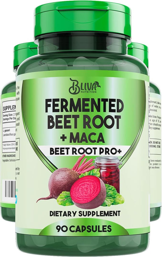 BLIVA Organic Fermented Beet Root with Maca Capsules - 1200mg - Beetroot Hight Potency Extract Powder Pills - Beets Supplements and Maca - Healthy Energy & Circulation Support Supplement - 90 Capsules