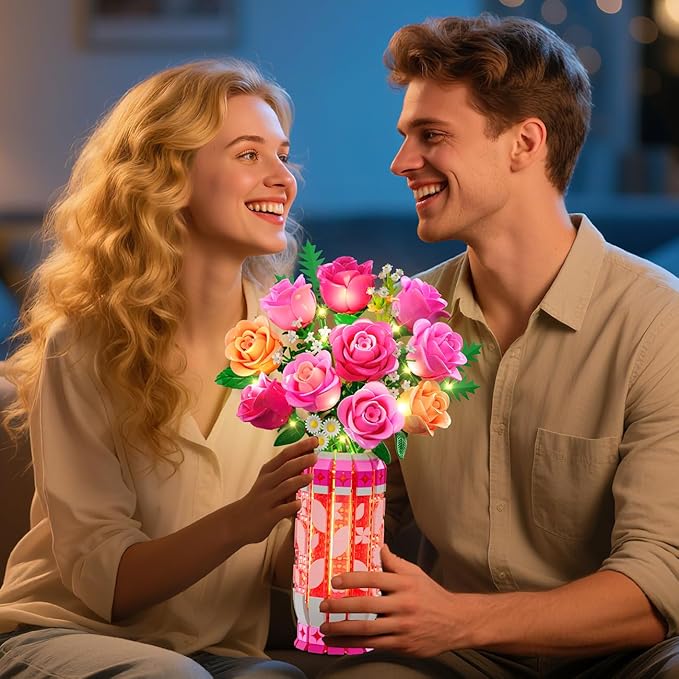 Romantic Pink Roses Bouquet Building Set with Vase & LED Light, 845PCS Flowers Botanical 3.6MM Mini Building Blocks Toys, Gifts for for Her, Artificial Flowers for Office Home Decor & Display
