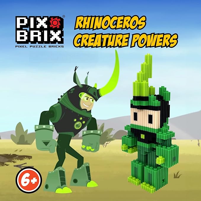 Pix Brix - Wild Kratts Pixel Art Kit - Rhinoceros, 1344 Pieces - Patented Slide + Stack Pixel Puzzle Building Bricks, Build & Collect Wild Kratts Creature Powers - Stem Toys, Ages 6 Plus