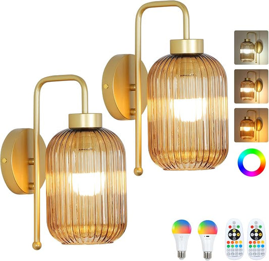 LAMSU Vintage Gold Wireless Wall Sconces Battery Operated, Rechargeable Wall Lights Set of 2 with Amber Stripe Glass Shade, Remote and Bulb, Cordless Sconces Wall Decor for Bedroom Living Room
