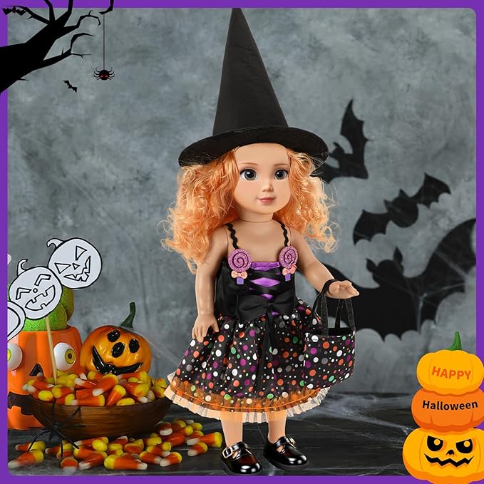 JANYUN 18 Inch Doll Clothes Accessories, Halloween Witch Costume Candy Corn Suit Set with Witch Hat Candy Bag for Doll Halloween Costumes Gifts for Children