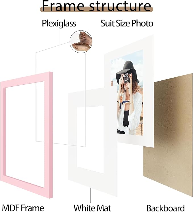 Picrit 11x17 Picture Frame Set of 12, Display 8x12 with Mat or 11x17 without Mat, Photo Frames for Wall Mounting Display, Pink