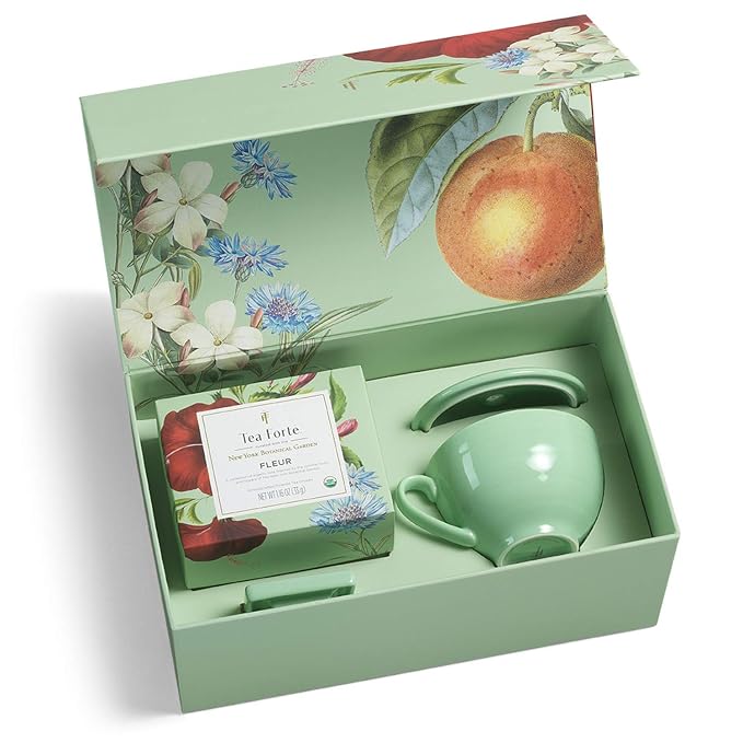 Tea Forte Gift Set with Cafe Cup, Tea Tray, Mini Presentation Box with 10 Handcrafted Pyramid Infuser Tea Bags, Fleur Tea