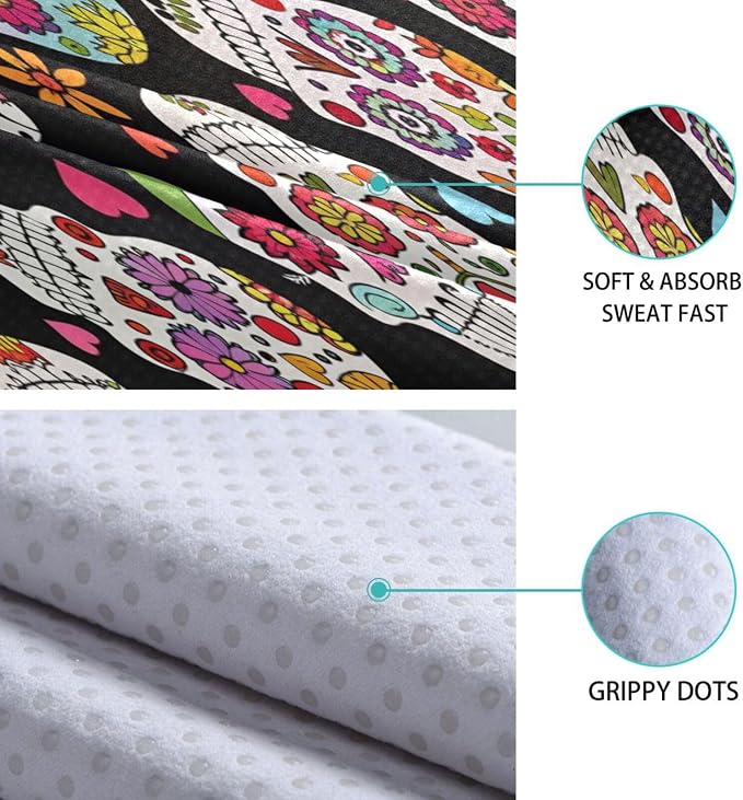 Mexican Sugar Skull Flower Hot Yoga Towel with Carry Bag - Sweat Absorbent Non Slip Yoga Mat Towel for Bikram Pilates Mats, Workout, Gym, 73"x27"
