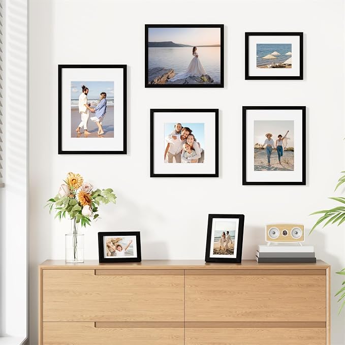 Vittanly 8x12 Picture Frames Set of 9 for Wall or Tabletop Display, Black | Display Pictures 6x8 with Mat or 8x12 without Mat, Engineered Wood with Shatter Resistant Plexiglass, Gallery Photo Frames