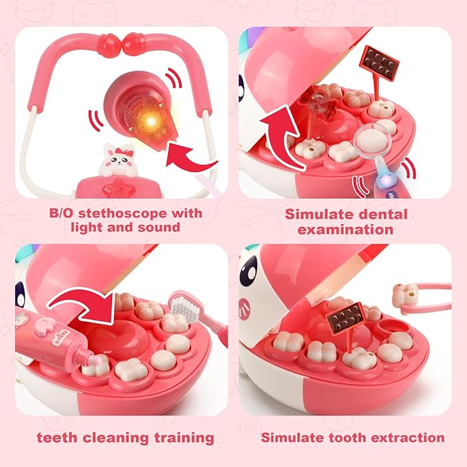 ORANGE OCEAN 34 PCS Dentist Play Set for Girls Kids, Pretend Play Doctor Kit for Kids Toddlers Ages 2-4 3-5, Kid Dentist Play Doctor Set with Light & Sound, Toys Gifts for 3 4 5 Year Old Girls Boys