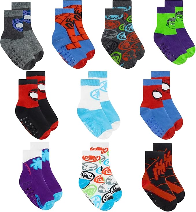 Marvel Spiderman Grip Socks, 10 Pack, Toddler Boys, Ankle Length, Multicolor, Small