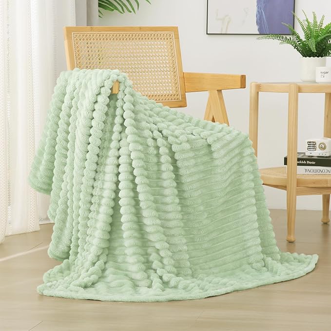 Cream Green Fleece Throw Blanket 60”×80” for Couch Sofa Livingroom | Super Soft Cozy Plush Microfiber Flannel Bed Blanket Striped Design Lightweight Home Decor Gifts for Adults Mom Women