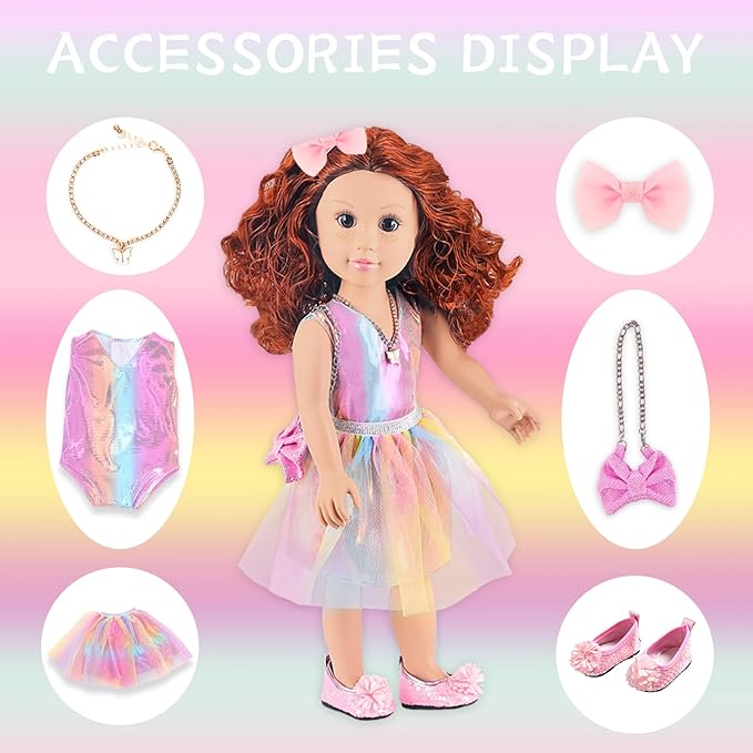 ZITA ELEMENT 18 Inch American Doll with Doll Clothes and Accessories Including 18 Inch Doll Rainbow Dress Bow Bag Shoes Hairpin Necklace for Kids
