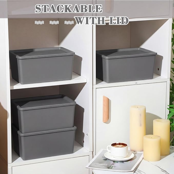 4 Pcs Storage Bins with Lids Plastic Stackable Containers for Classroom Room Organizing Shelves Christmas Ornament Box Baskets(Gray,Small)