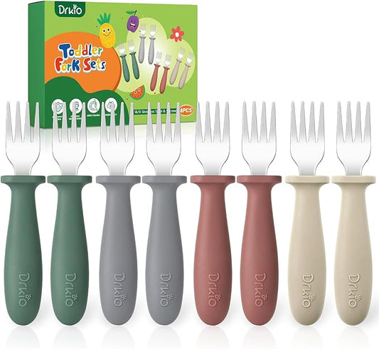 DRKIO 8 Pieces Toddler Forks Set - Baby Forks with Silicone Handle Children safe 18/8 Stainless Steel Toddler Utensils Set for Self Feeding Kids Silverware Anti-Choke Design Food Grade Dishwasher Safe