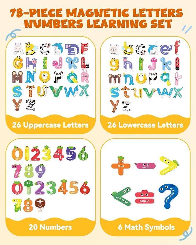 78 PCS Magnetic Letters, Large Cute Animal Alphabet Magnets for Fridge, Uppercase & Lowercase ABC Educational Toy, Choke-Proof Toddler Learning Toys for Kids Toddlers Preschool Learning Spelling